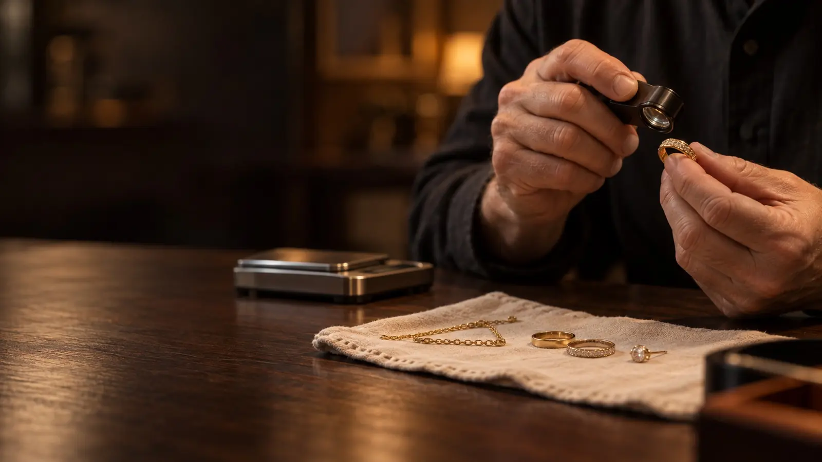 Goldschmuck wird mit Lupe und Feinwaage geprüft